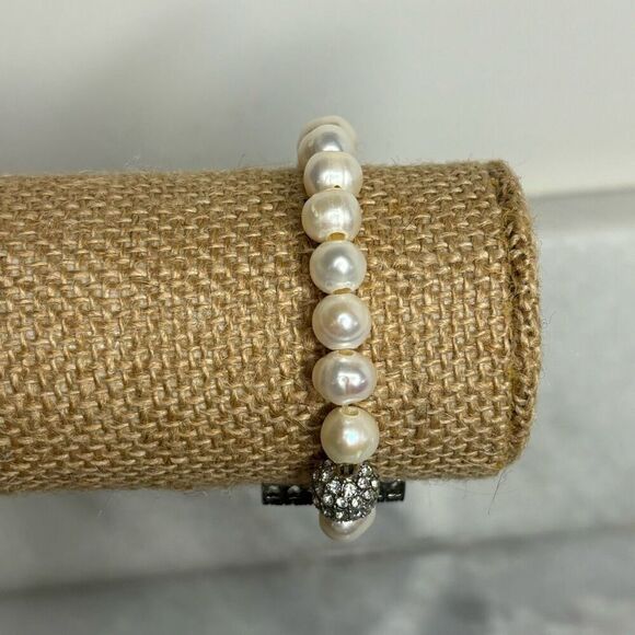 Crystal Rhinestone Cross Faux Pearl Elastic Beaded Bracelet Ivory Silver OS - Picture 3 of 5